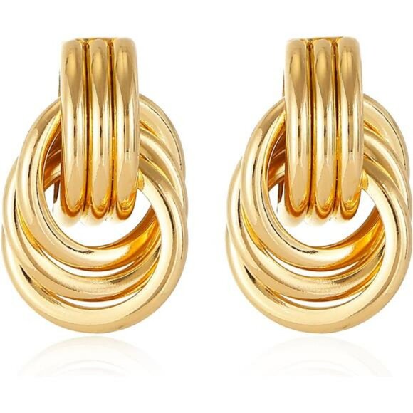 Gold Knot Earrings Chunky Heart Link Drop Dangle Statement Jewelry Women - Picture 1 of 7